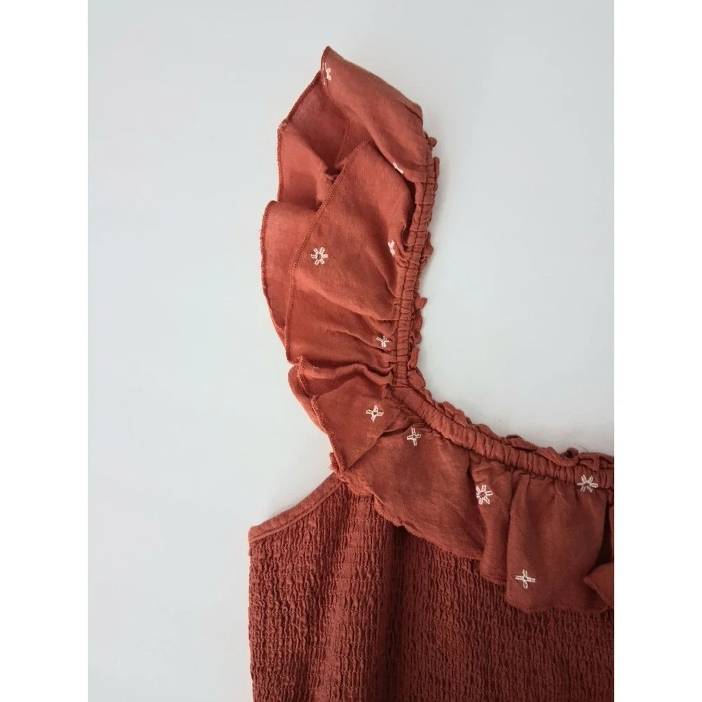 Old Navy Maxi Dress Medium Tall Orange Smocked Embroidered Tiered Cottagecore - Picture 6 of 12